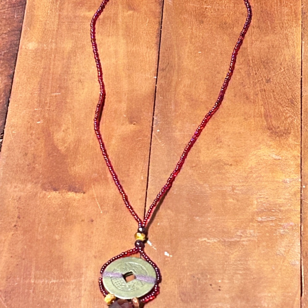 Energy Muse with red beads gold coins and brown Pendant ruby jade  Necklace